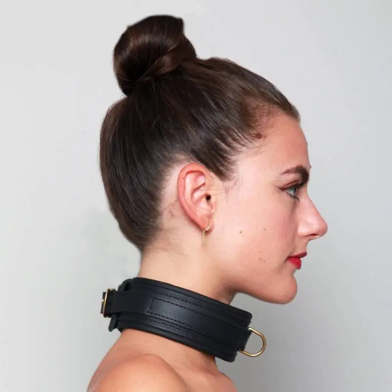 COLLIER CUIR NOIR ANNEAU DORE – Image 6