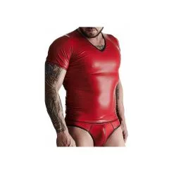 T-SHIRT COL V WETLOOK ROUGE